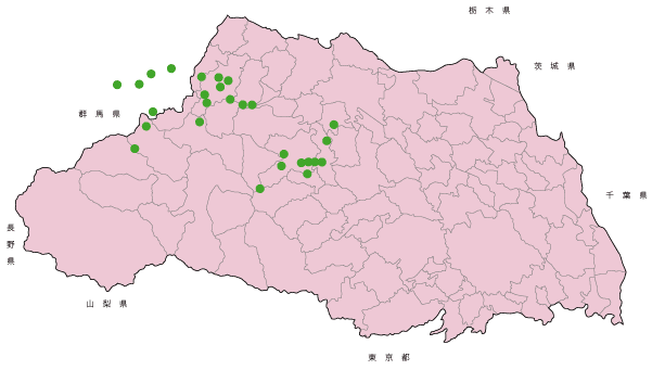 埼玉県とその周辺におけるアツブタガイの分布図