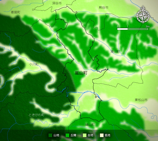 比企地域の山地・丘陵・台地・低地の分布図